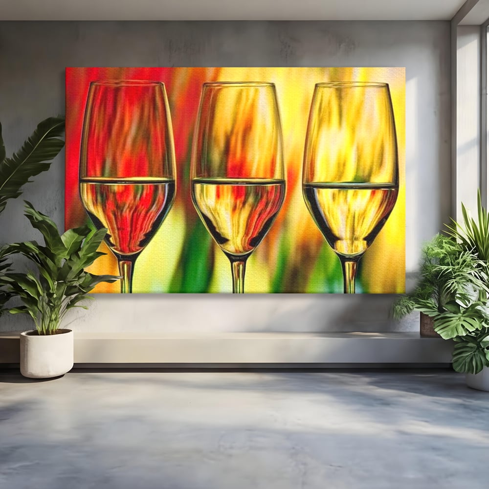 Tablou canvas cu pictura abstracta cu trei pahare de vin, fara rama, pe sasiu de lemn